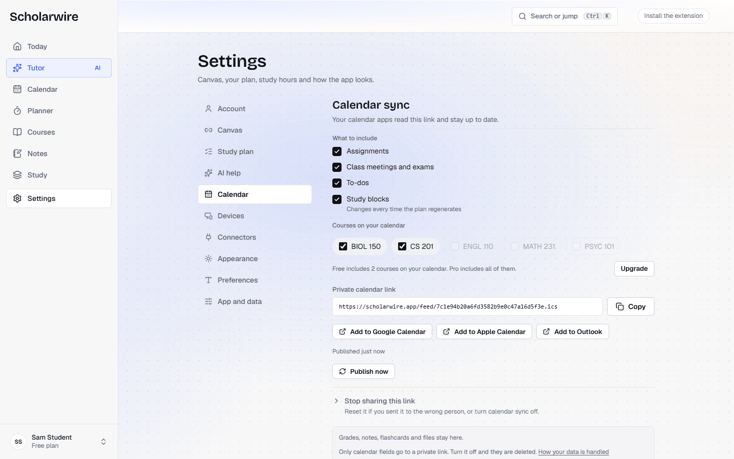 Scholarwire Settings, Calendar sync turned on, with four layers ticked, the private calendar link and the Add to Outlook button
