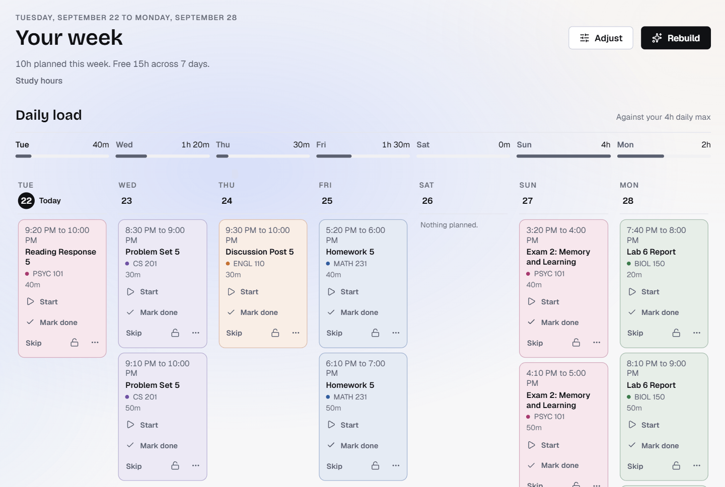 The planner's week after Build my plan, with study blocks placed on the days before each assignment is due
