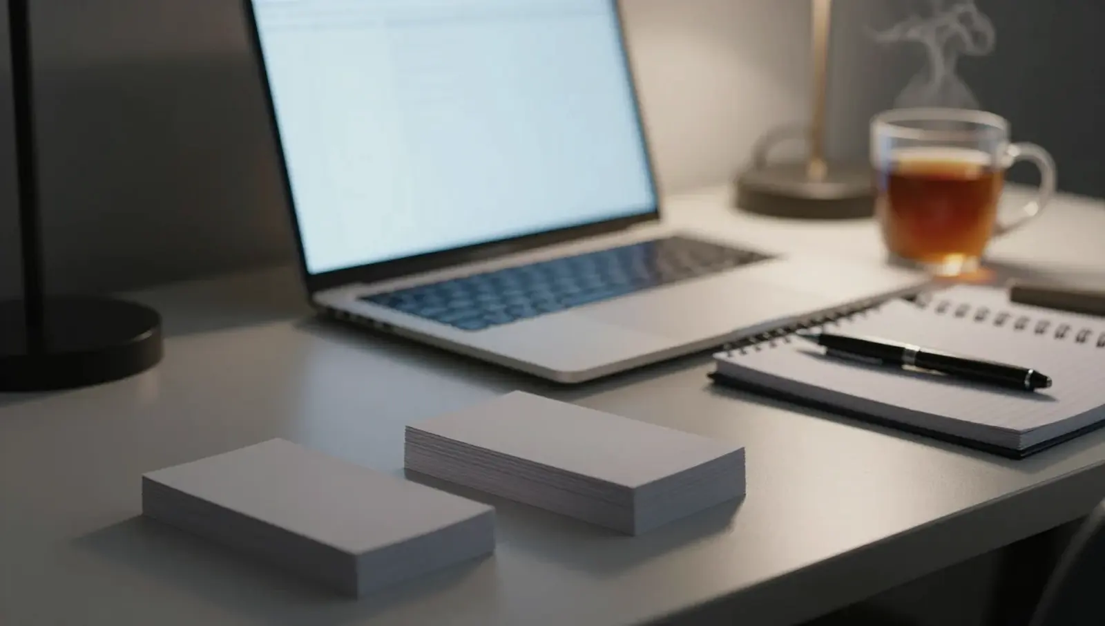 A dorm desk at night: an open laptop casting cool light, a spiral notebook and two stacks of blank index cards.